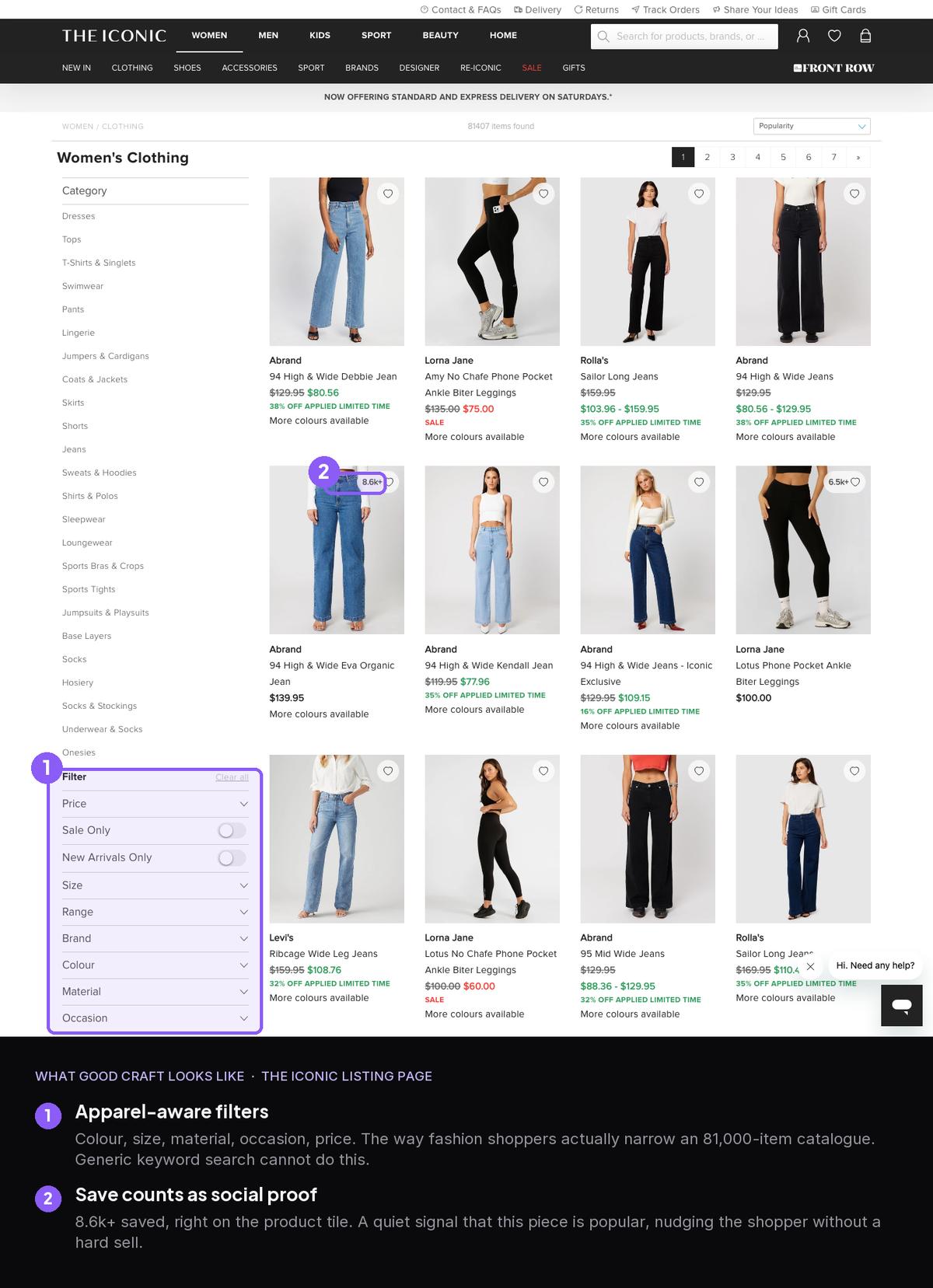 THE ICONIC listing page with call-outs on the apparel-aware filter rail and product save-count social proof.