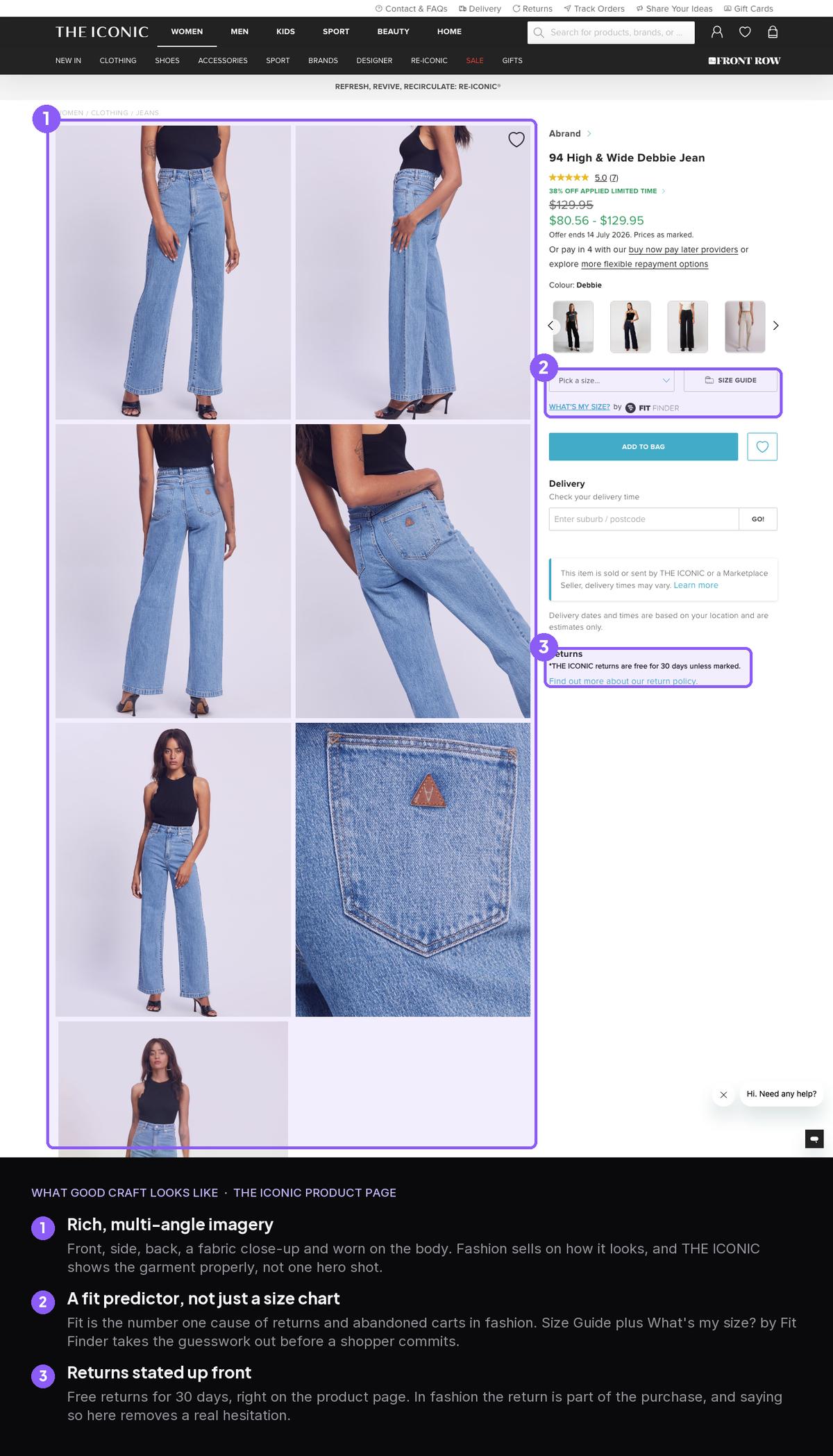 THE ICONIC product page with call-outs on the Fit Finder size predictor, the multi-angle image gallery, and the free 30-day returns statement.